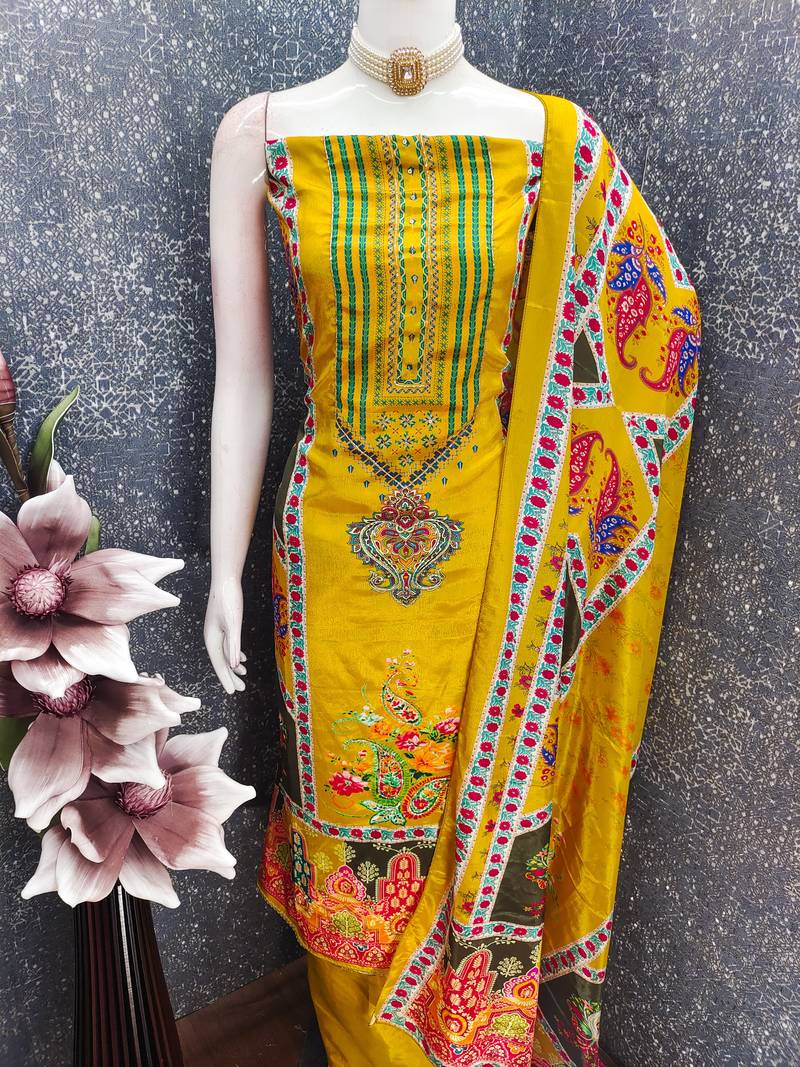 Yellow chinon printed ethnic ceremonial suit