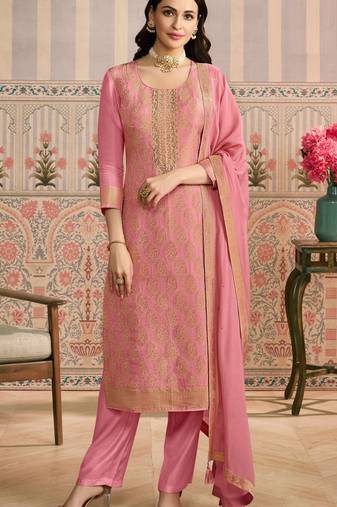 Peach viscose jacquard woven partywear Readymade suit