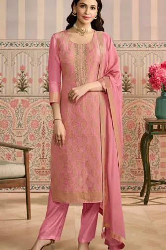 Peach viscose jacquard woven partywear Readymade suit