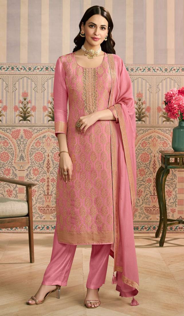Peach viscose jacquard woven partywear Readymade suit