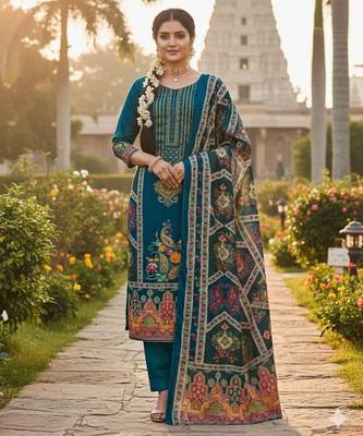 Blue chinon printed ethnic ceremonial suit 1