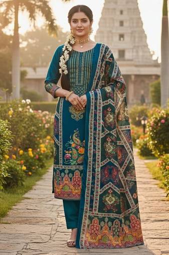 Blue chinon printed ethnic ceremonial suit