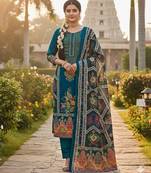 Blue chinon printed ethnic ceremonial suit