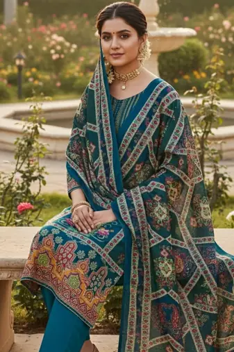 Blue chinon printed ethnic ceremonial suit
