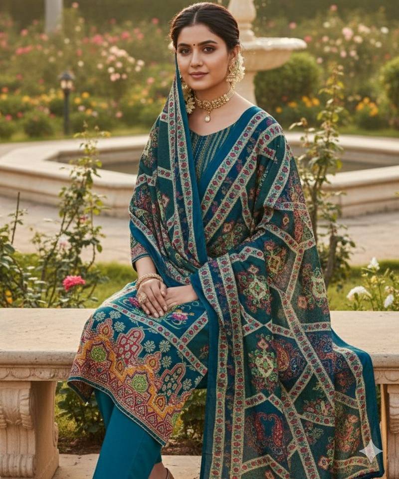 Blue chinon printed ethnic ceremonial suit