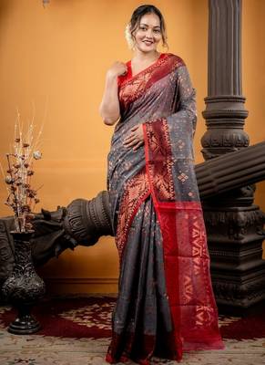 grey woven silk blend cotton zari work all seasons sarees 1