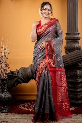 grey woven silk blend cotton zari work all seasons sarees