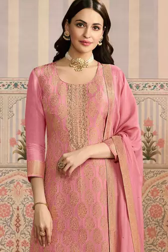 Peach viscose jacquard woven partywear Readymade suit