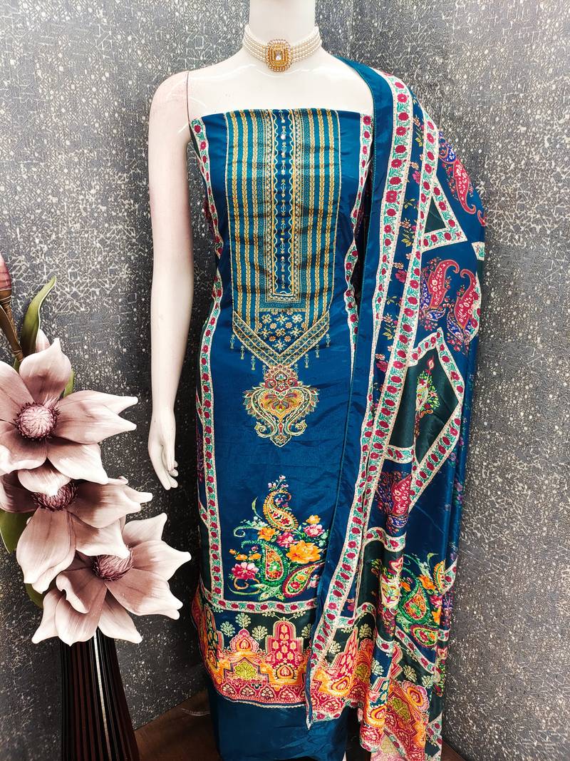 Blue chinon printed ethnic ceremonial suit