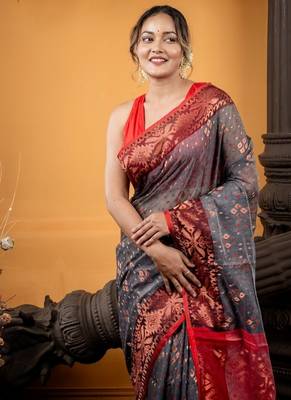 grey woven silk blend cotton zari work all seasons sarees 2