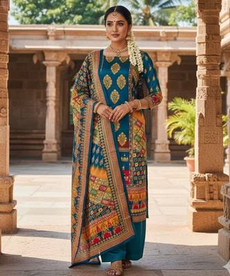 Firozi chinon printed ethnic ceremonial suit 1