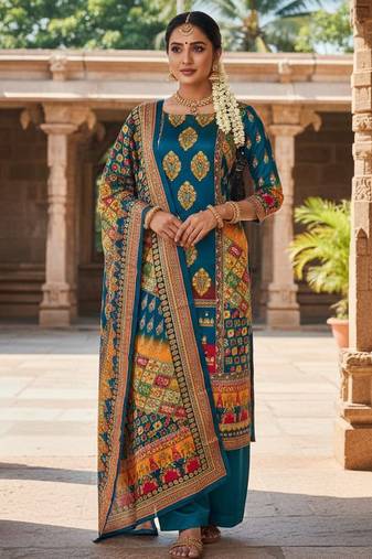 Firozi chinon printed ethnic ceremonial suit