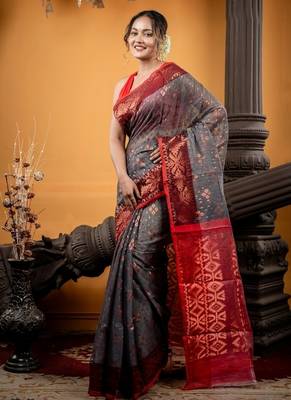 grey woven silk blend cotton zari work all seasons sarees 3