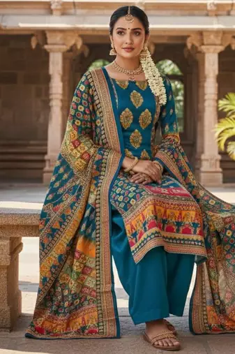 Firozi chinon printed ethnic ceremonial suit