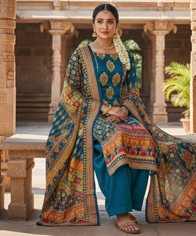 Firozi chinon printed ethnic ceremonial suit