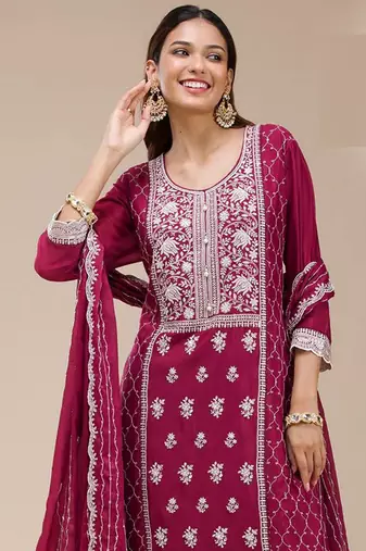 Pink georgette embroidered palazzo suit