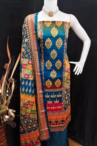 Firozi chinon printed ethnic ceremonial suit
