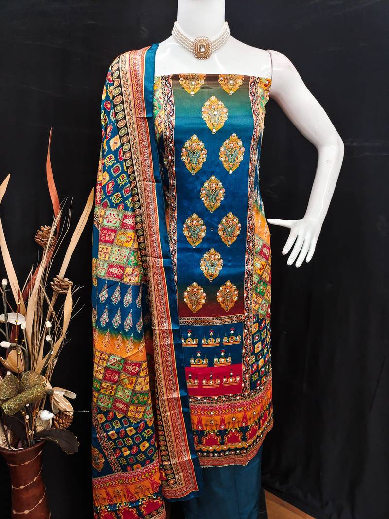 Firozi chinon printed ethnic ceremonial suit