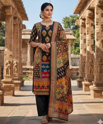 Black chinon printed ethnic ceremonial suit 1