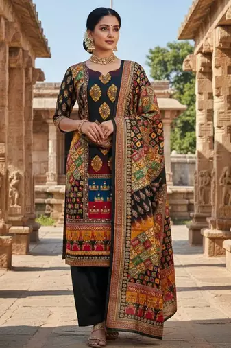 Black chinon printed ethnic ceremonial suit