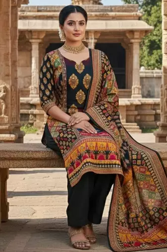 Black chinon printed ethnic ceremonial suit