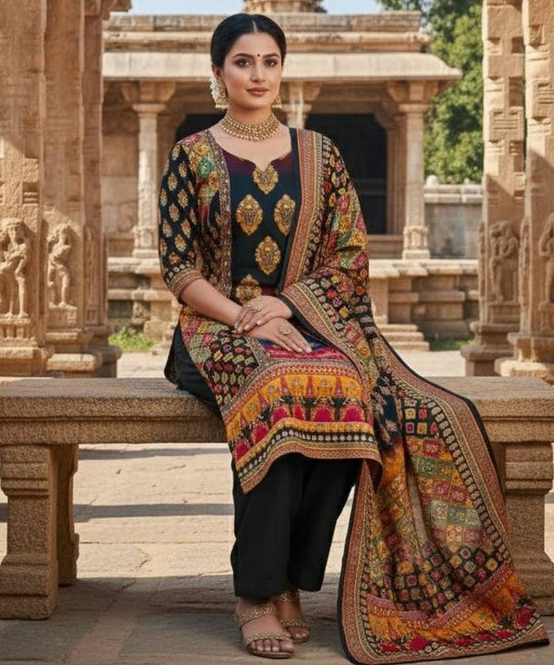 Black chinon printed ethnic ceremonial suit