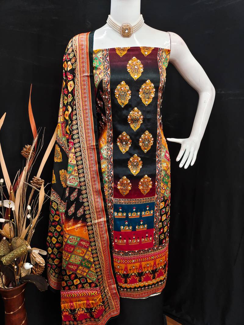 Black chinon printed ethnic ceremonial suit