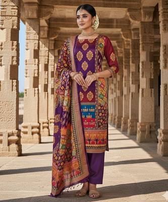 Violet chinon printed ethnic ceremonial suit 1