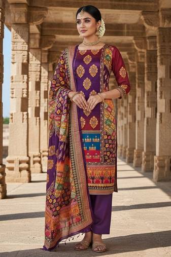 Violet chinon printed ethnic ceremonial suit