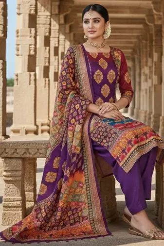 Violet chinon printed ethnic ceremonial suit