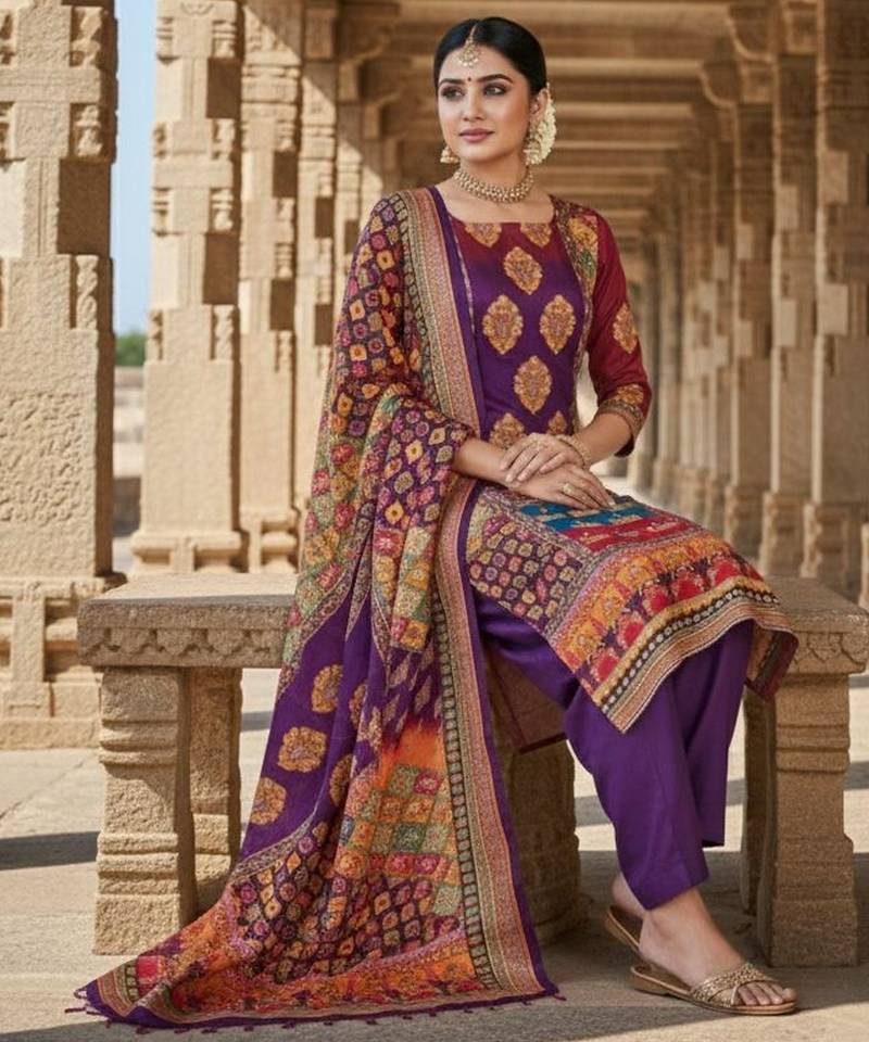 Violet chinon printed ethnic ceremonial suit