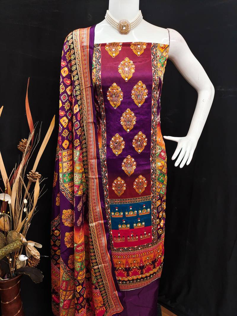 Violet chinon printed ethnic ceremonial suit