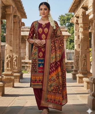 Maroon chinon printed ethnic ceremonial suit 1