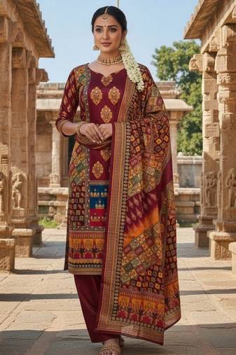 Maroon chinon printed ethnic ceremonial suit