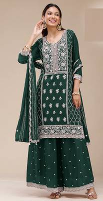 Green georgette embroidered palazzo suit 1