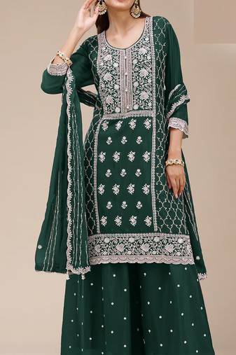 Green georgette embroidered palazzo suit
