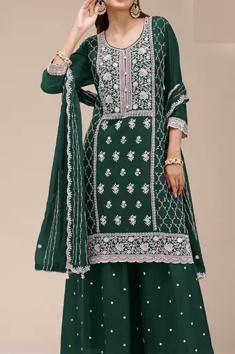 Green georgette embroidered palazzo suit