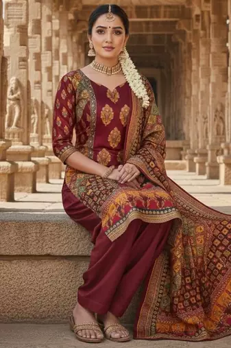 Maroon chinon printed ethnic ceremonial suit