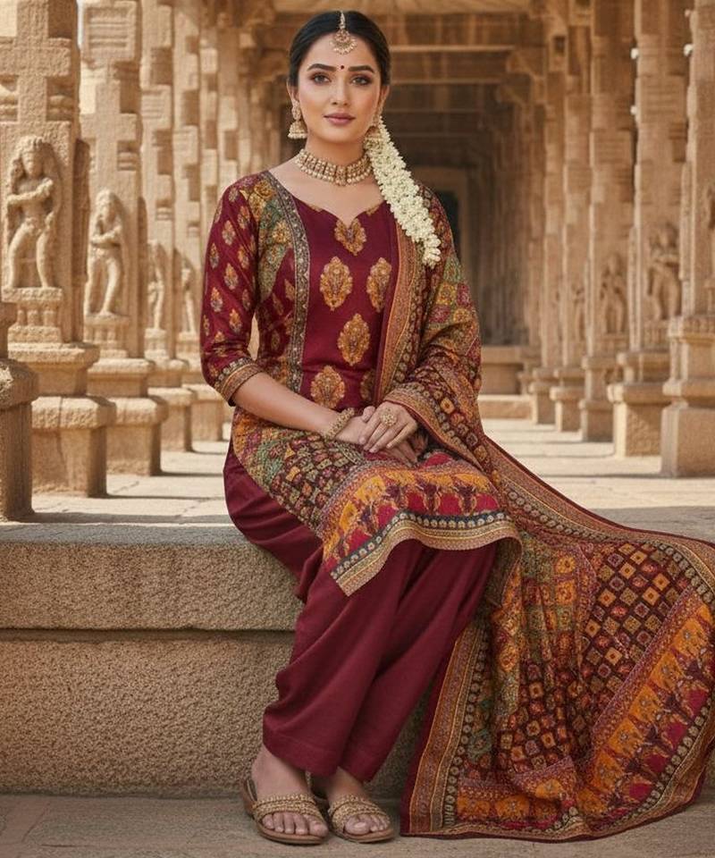 Maroon chinon printed ethnic ceremonial suit