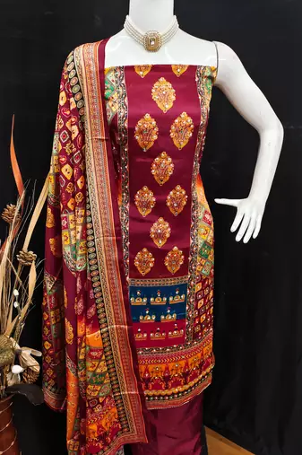 Maroon chinon printed ethnic ceremonial suit