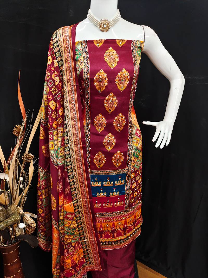 Maroon chinon printed ethnic ceremonial suit