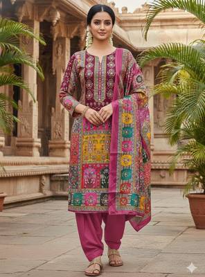 Pink chinon printed ethnic ceremonial suit 1