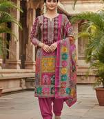 Pink chinon printed ethnic ceremonial suit