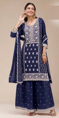 Blue georgette embroidered palazzo suit 1