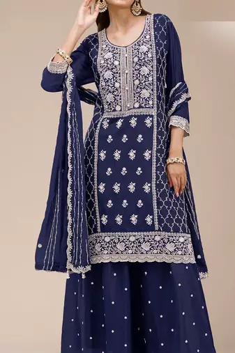 Blue georgette embroidered palazzo suit
