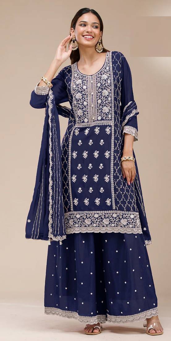 Blue georgette embroidered palazzo suit