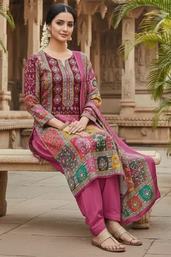 Pink chinon printed ethnic ceremonial suit