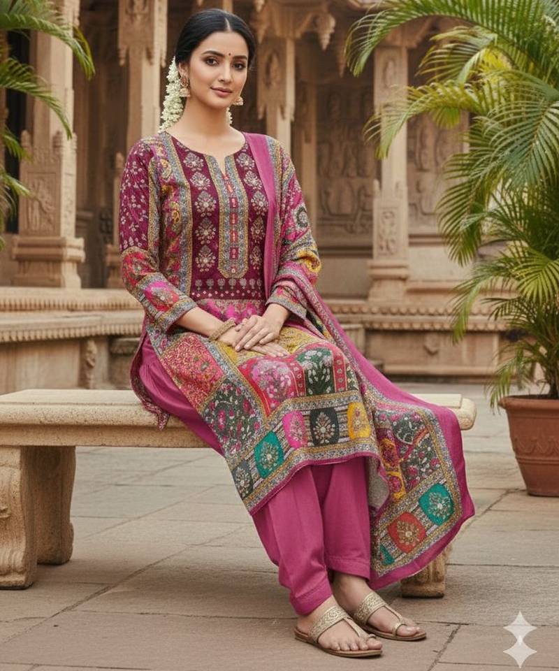 Pink chinon printed ethnic ceremonial suit