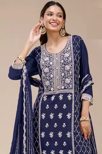 Blue georgette embroidered palazzo suit