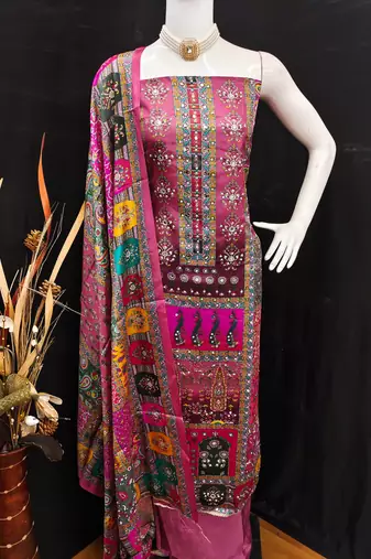 Pink chinon printed ethnic ceremonial suit
